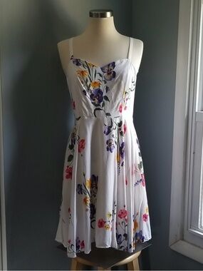 Old Navy White Floral Midi Dress with Purple, Yellow & Pink Flowers